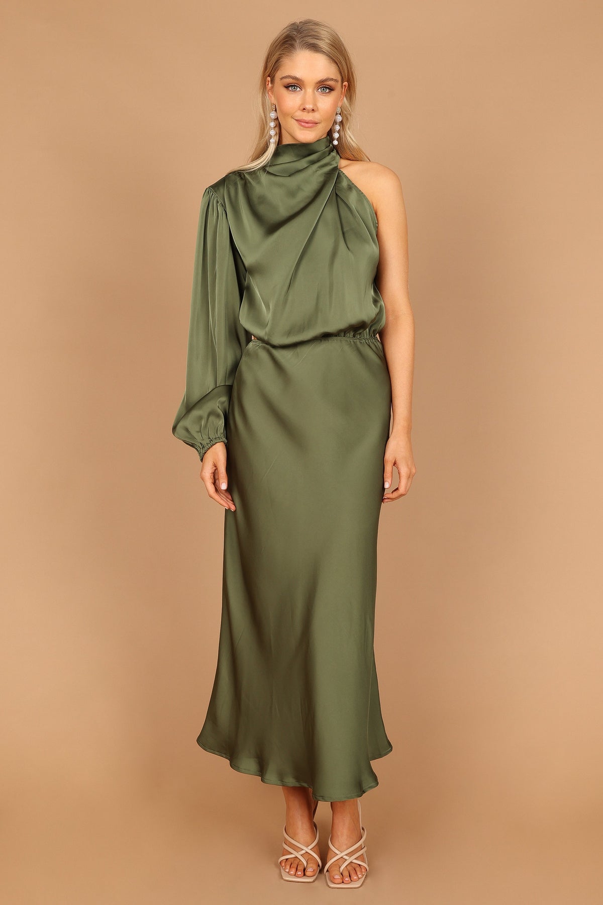 Amelie One Shoulder Midi Dress in Olive – view 3 of 7