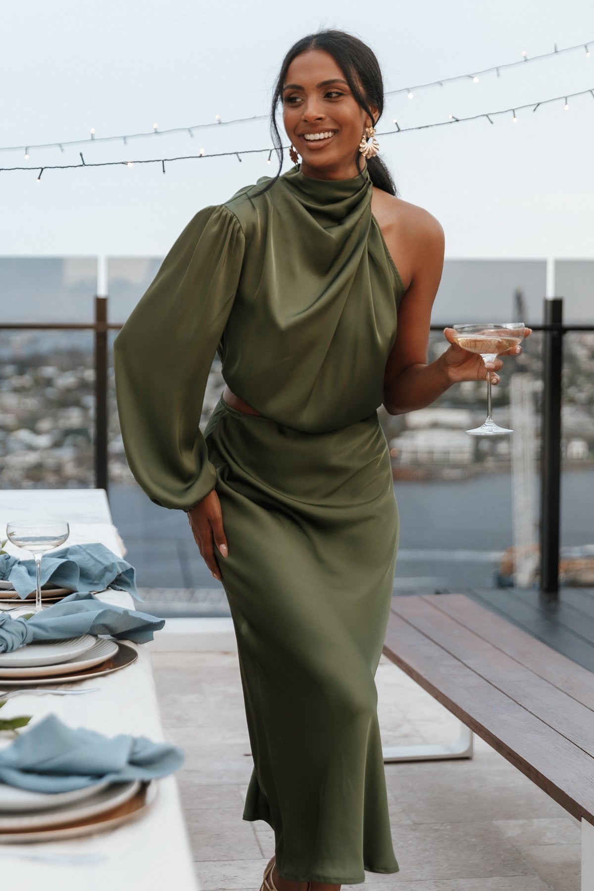 Amelie One Shoulder Midi Dress in Olive – view 2 of 7