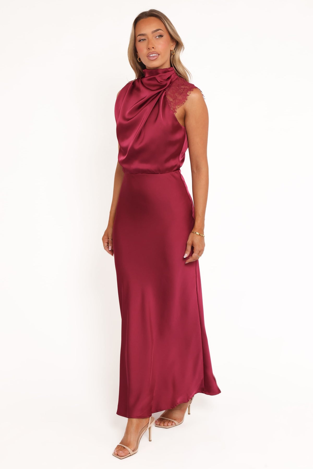 Anabelle Halter Neck Lace Maxi Dress in Berry – view 4 of 8