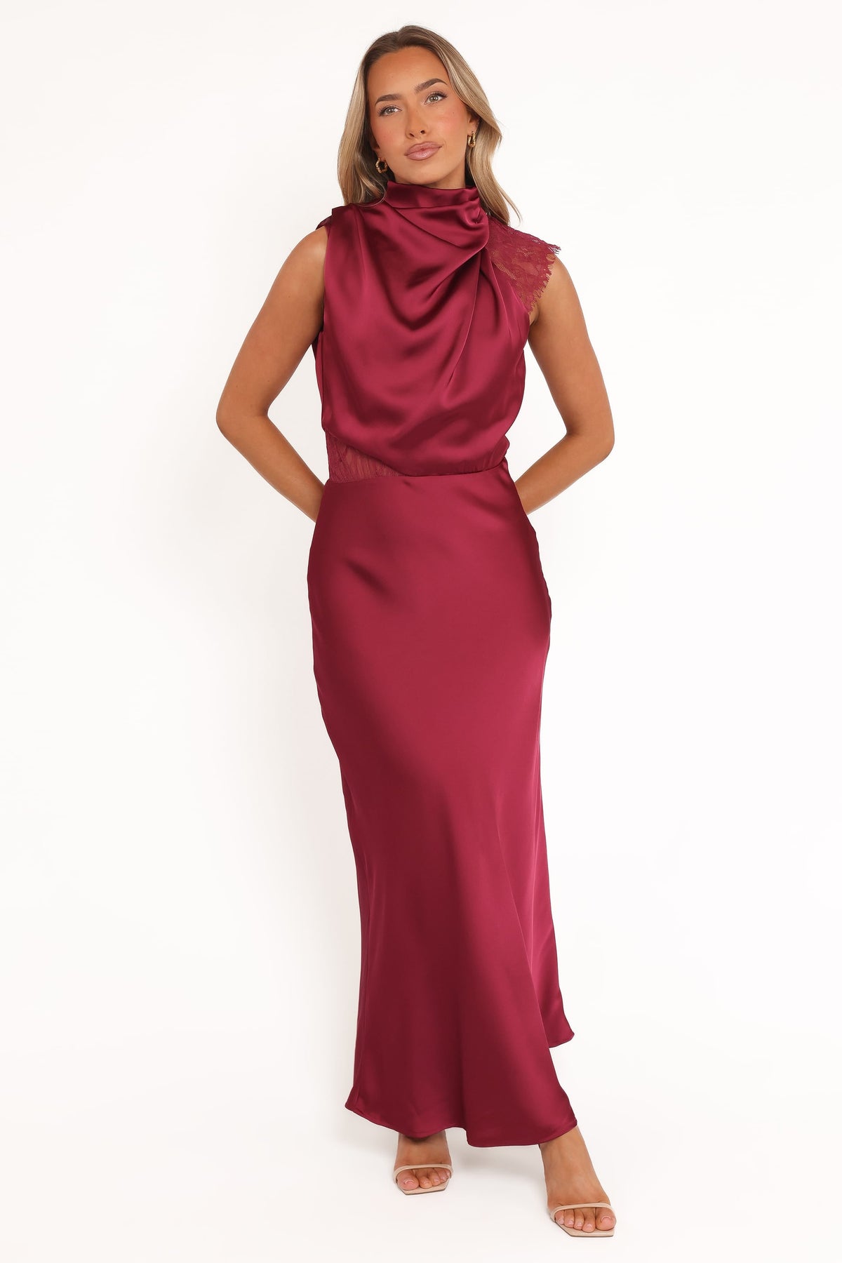 Anabelle Halter Neck Lace Maxi Dress in Berry – view 2 of 8