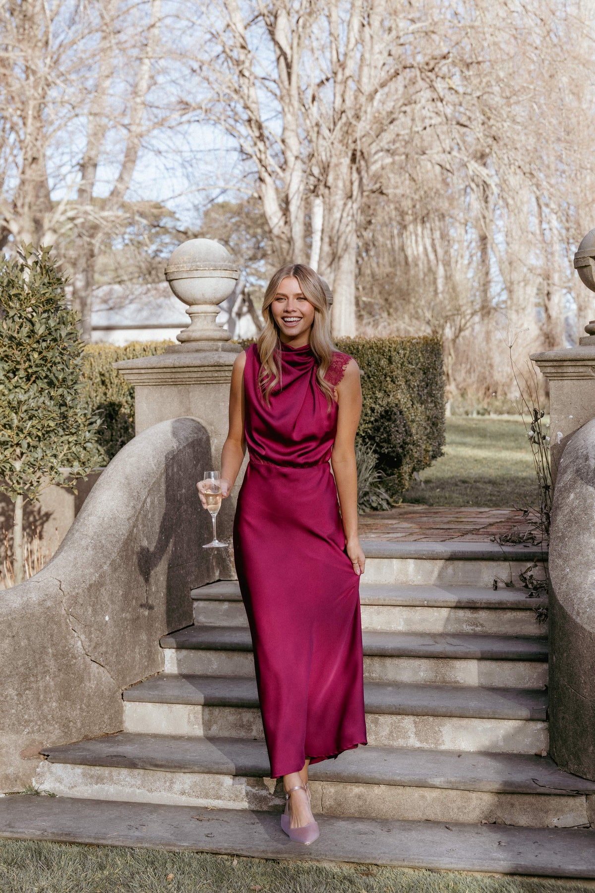 Anabelle Halter Neck Lace Maxi Dress in Berry – view 1 of 8
