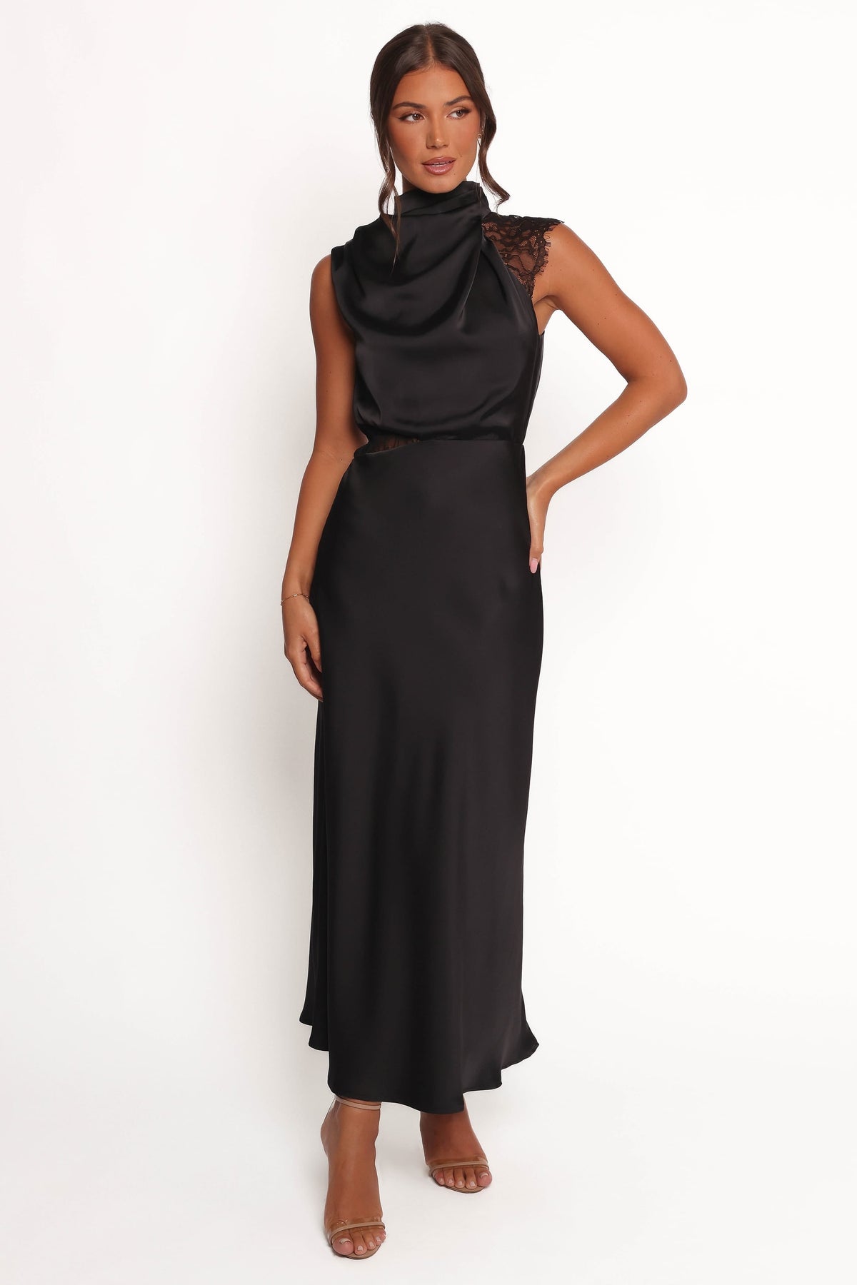 Anabelle Halter Neck Lace Maxi Dress in Black – view 2 of 9