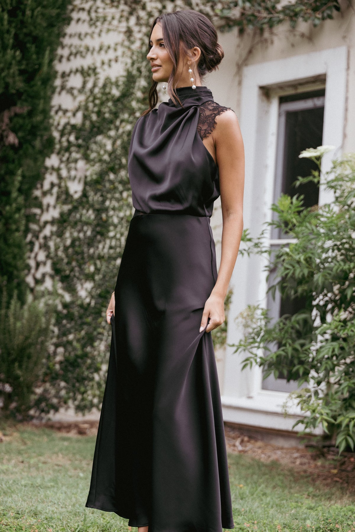 Anabelle Halter Neck Lace Maxi Dress in Black – view 1 of 9