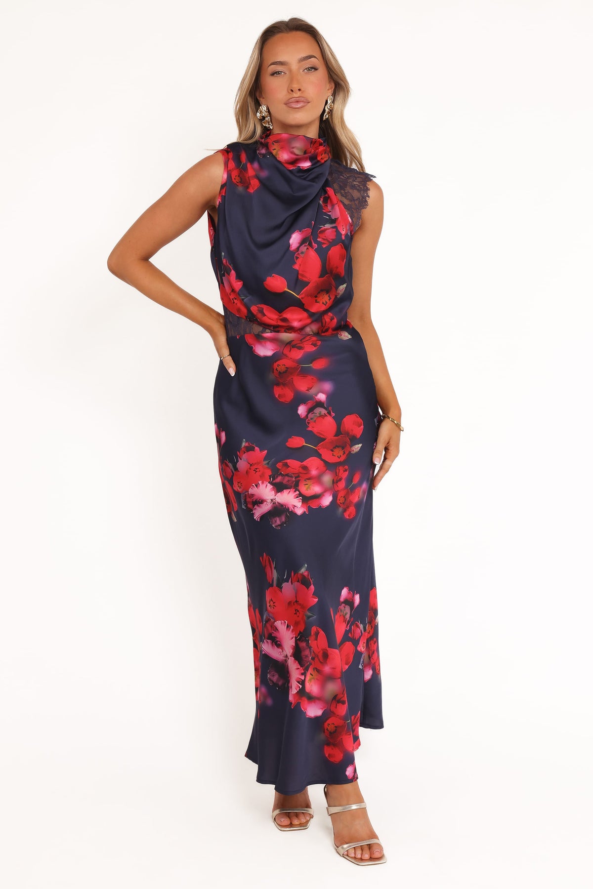 Anabelle Halter Neck Lace Maxi Dress in Navy Floral – view 2 of 7