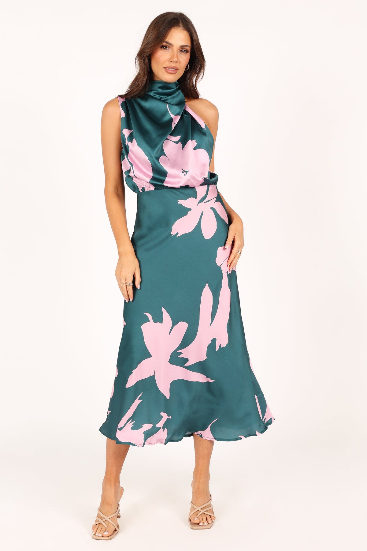 Anabelle Halter Neck Midi Dress in Green Pink – view 1 of 6