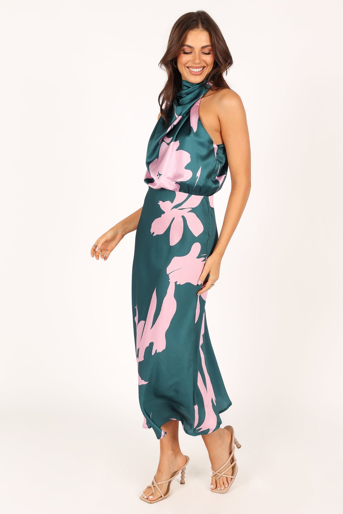 Anabelle Halter Neck Midi Dress in Green Pink – view 3 of 6