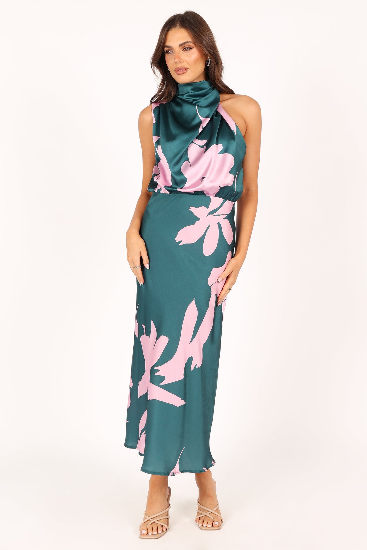 Anabelle Halter Neck Midi Dress in Green Pink – view 6 of 6