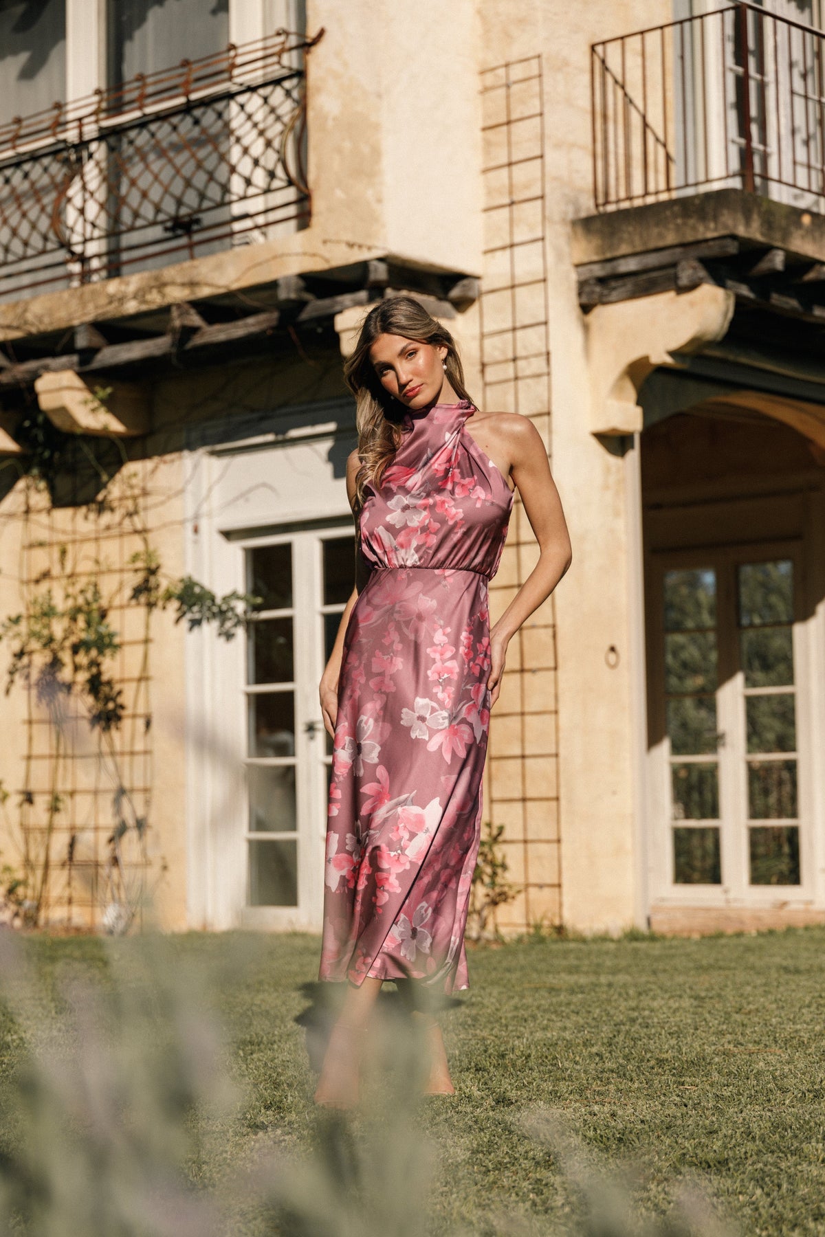 Anabelle Halter Neck Midi Dress in Dark Rose Floral – view 1 of 9