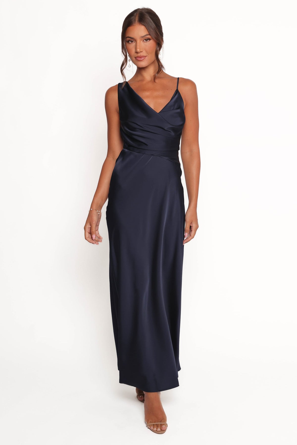 Anela Asymmetric Midi Dress in Navy – view 2 of 8