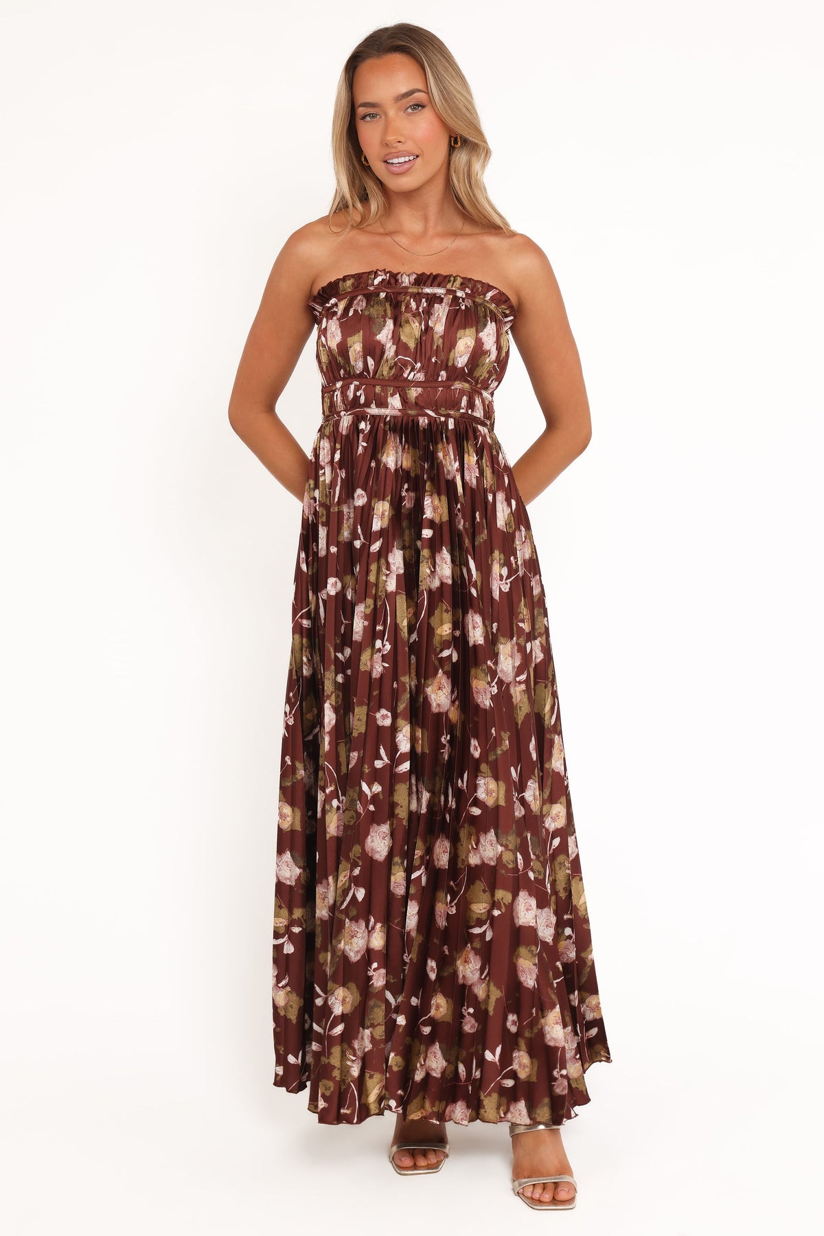 Angelique Strapless Maxi Dress in Brown Floral – view 2 of 8