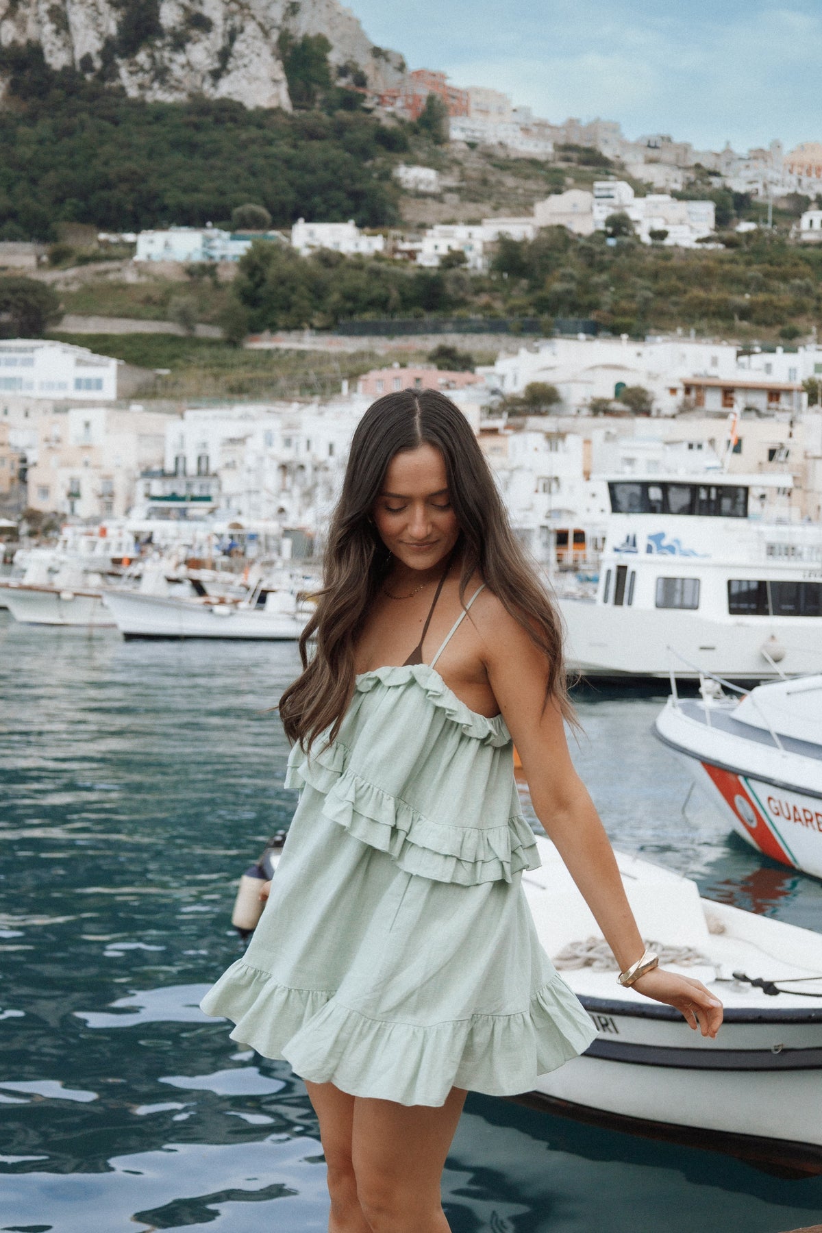 Angie Ruffle Mini Dress in Jade – view 1 of 8