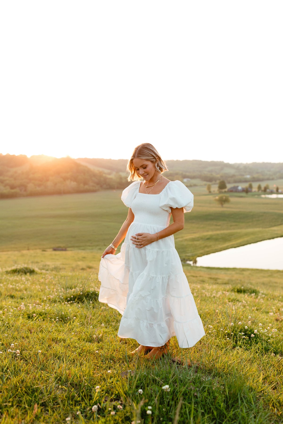 Annette Puff Sleeve Shirred Midi Dress in White – view 1 of 10