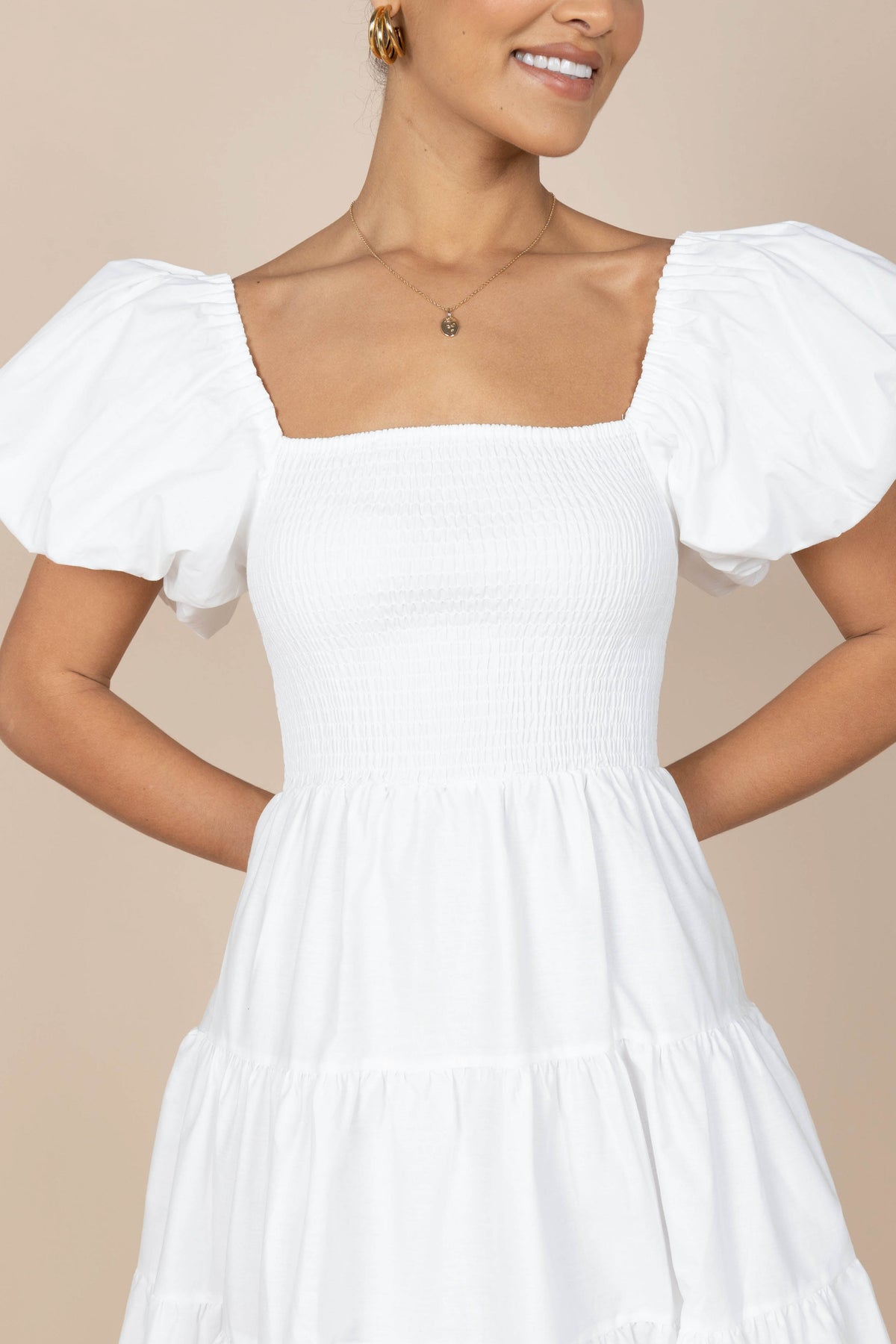 Annette Puff Sleeve Shirred Midi Dress in White – view 7 of 10