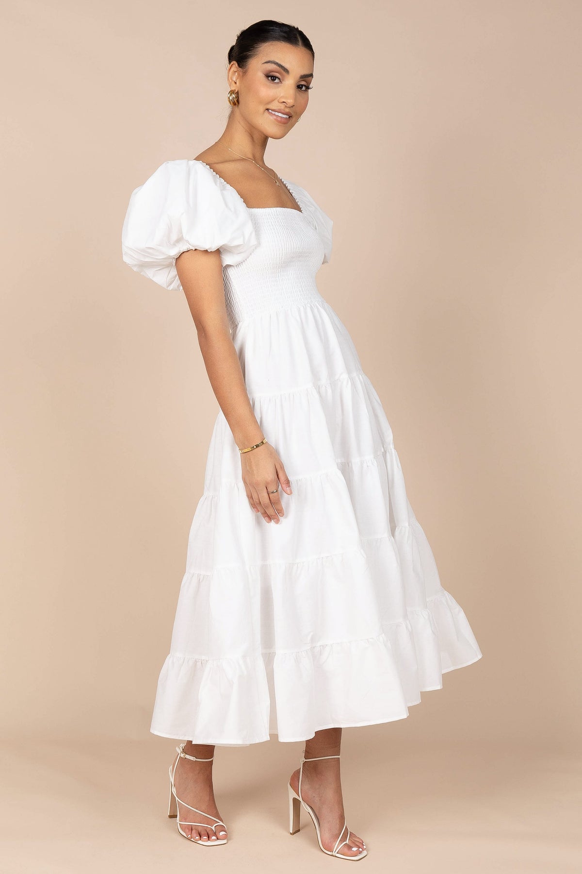 Annette Puff Sleeve Shirred Midi Dress in White – view 6 of 10