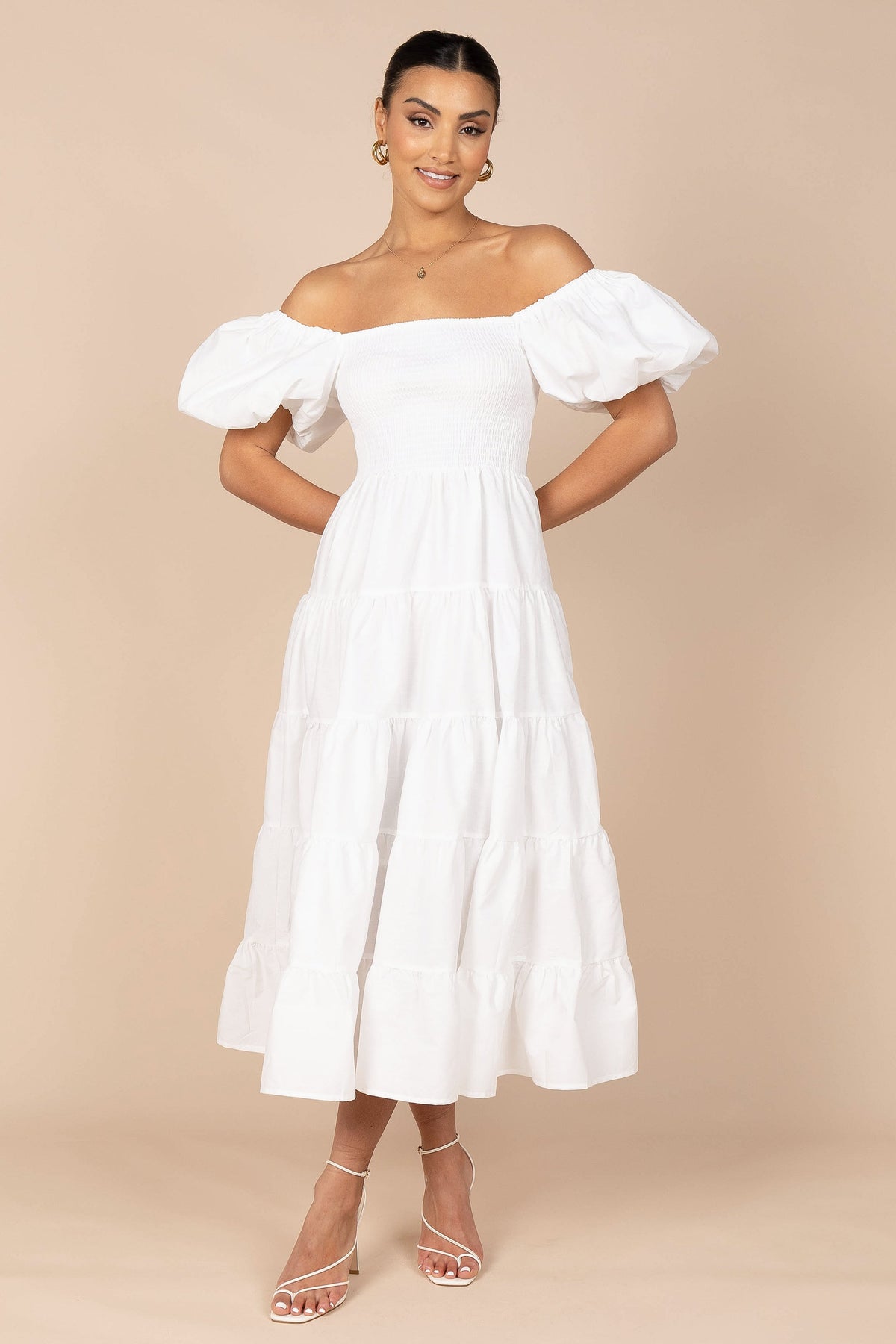 Annette Puff Sleeve Shirred Midi Dress in White – view 2 of 10