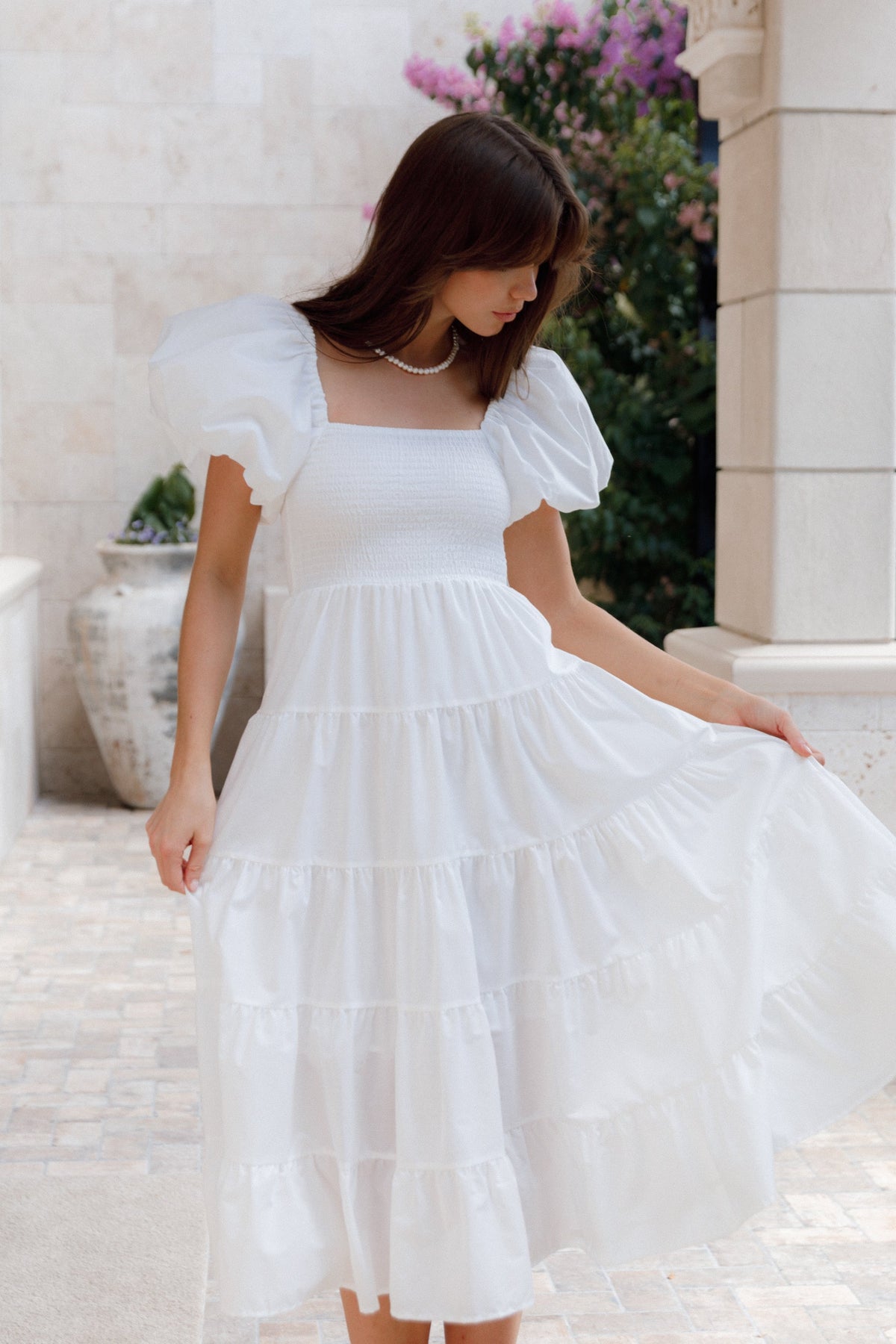 Annette Puff Sleeve Shirred Midi Dress in White – view 9 of 10