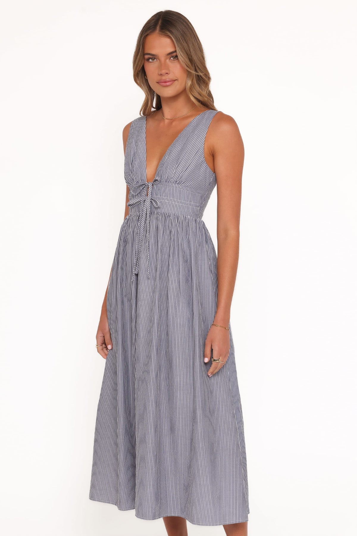 Annora Midi Dress in Navy Pinstripe – view 2 of 8