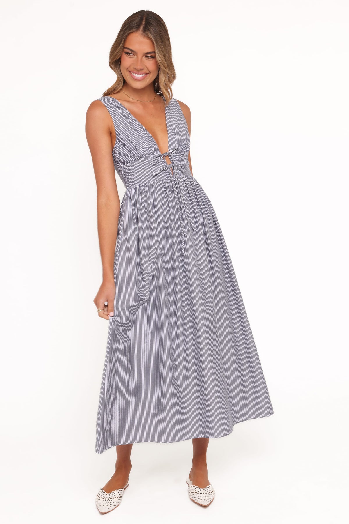 Annora Midi Dress in Navy Pinstripe – view 6 of 8