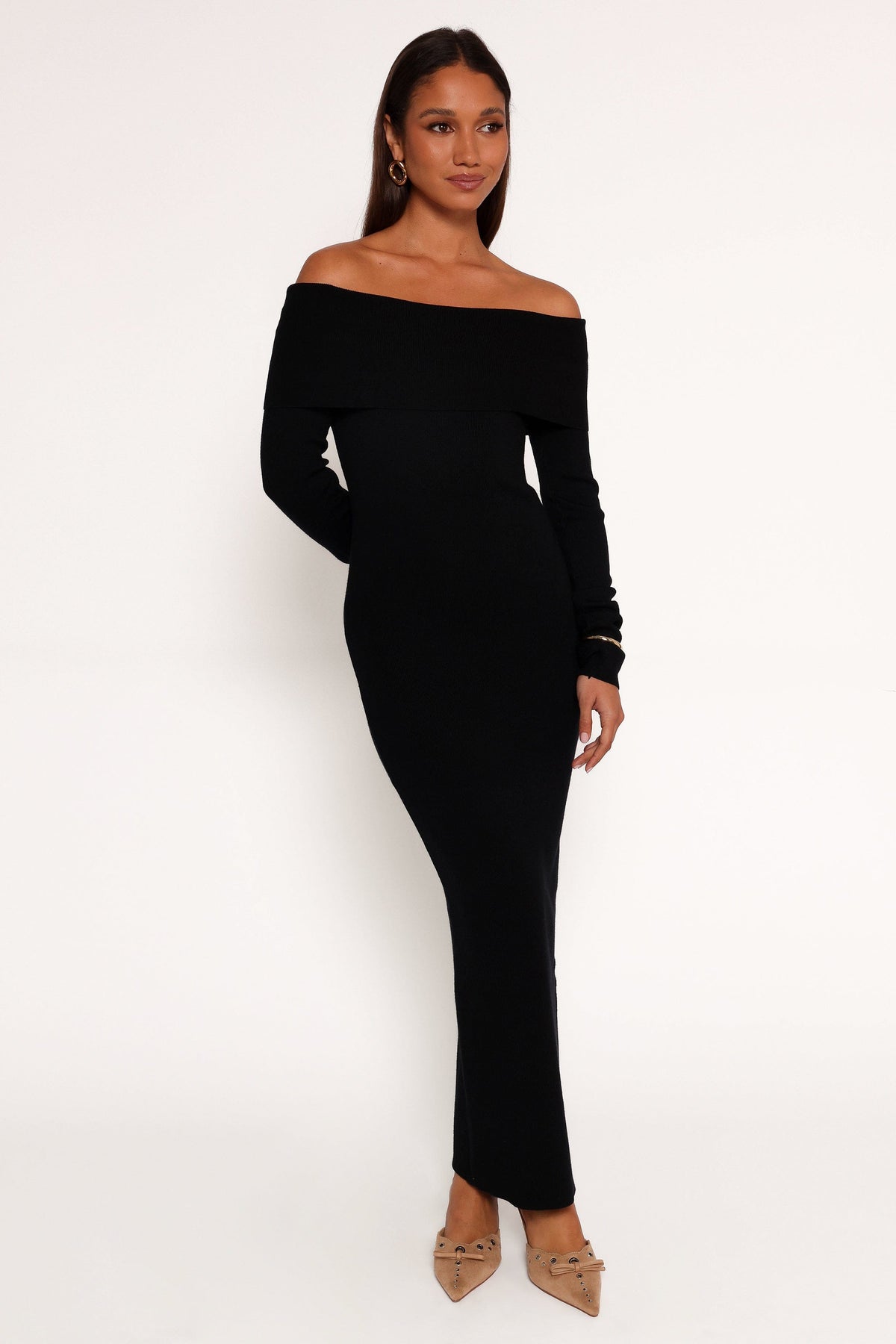 Archie Off the Shoulder Midi Dress in Black – view 1 of 7