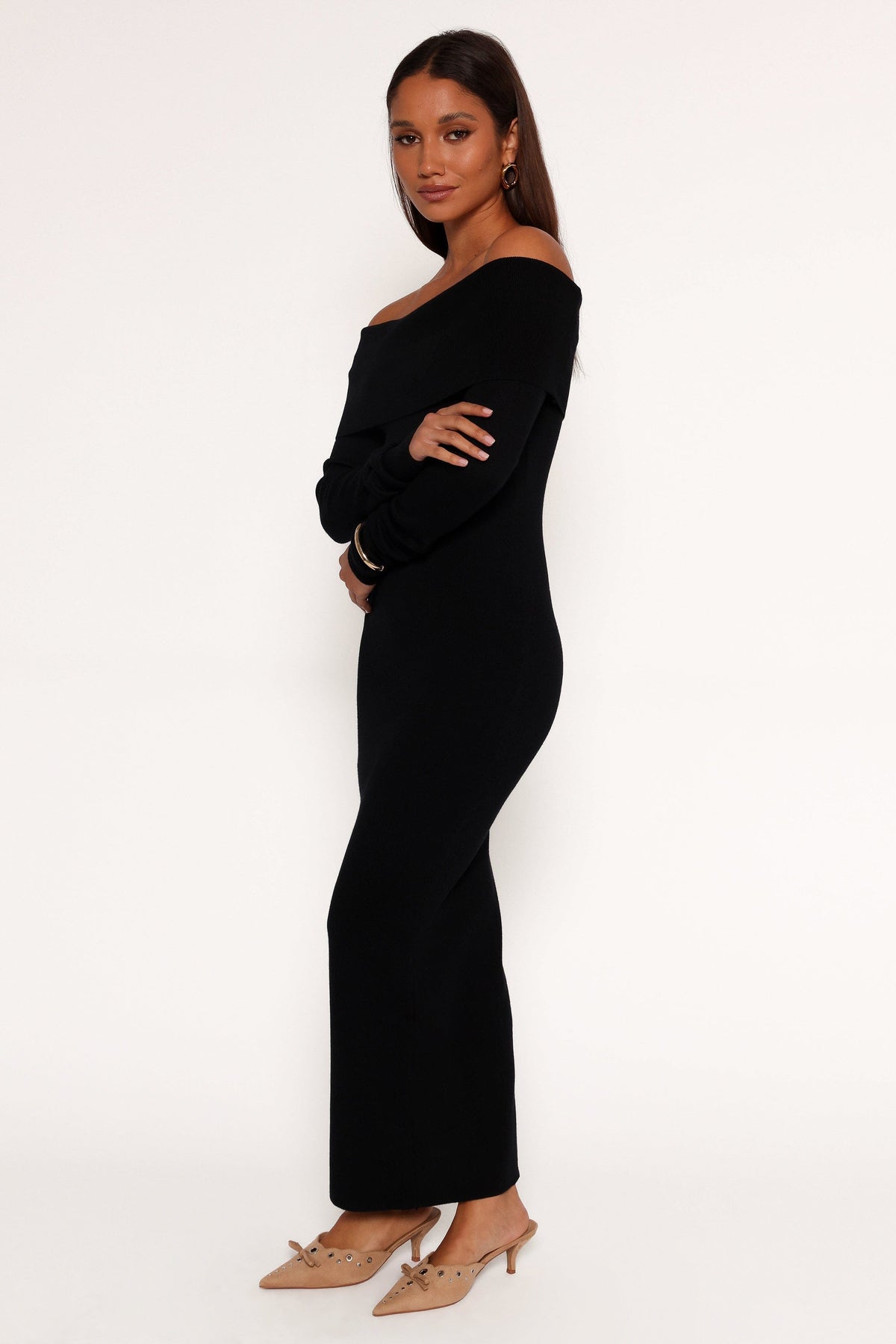 Archie Off the Shoulder Midi Dress in Black – view 2 of 7