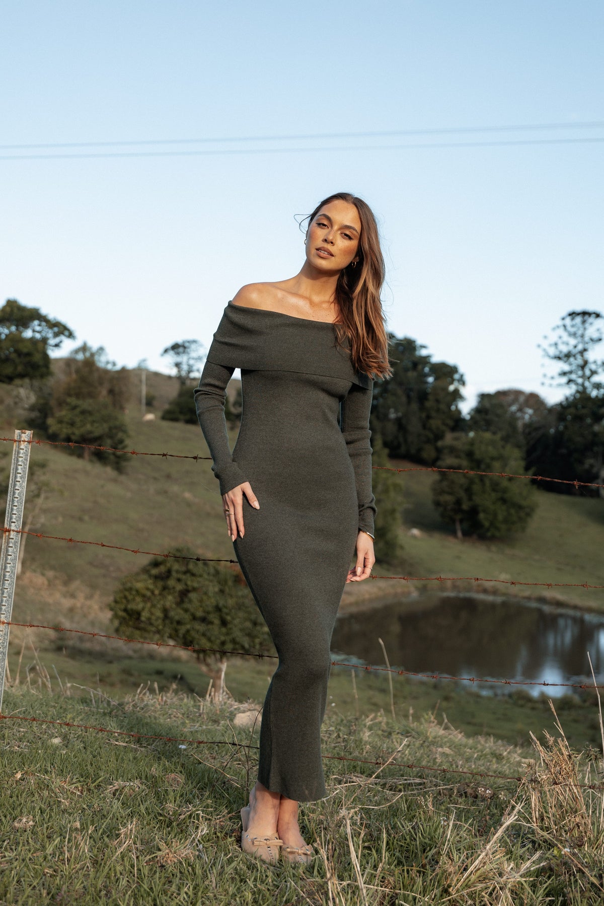 Archie Off The Shoulder Midi Dress in Olive – view 9 of 9