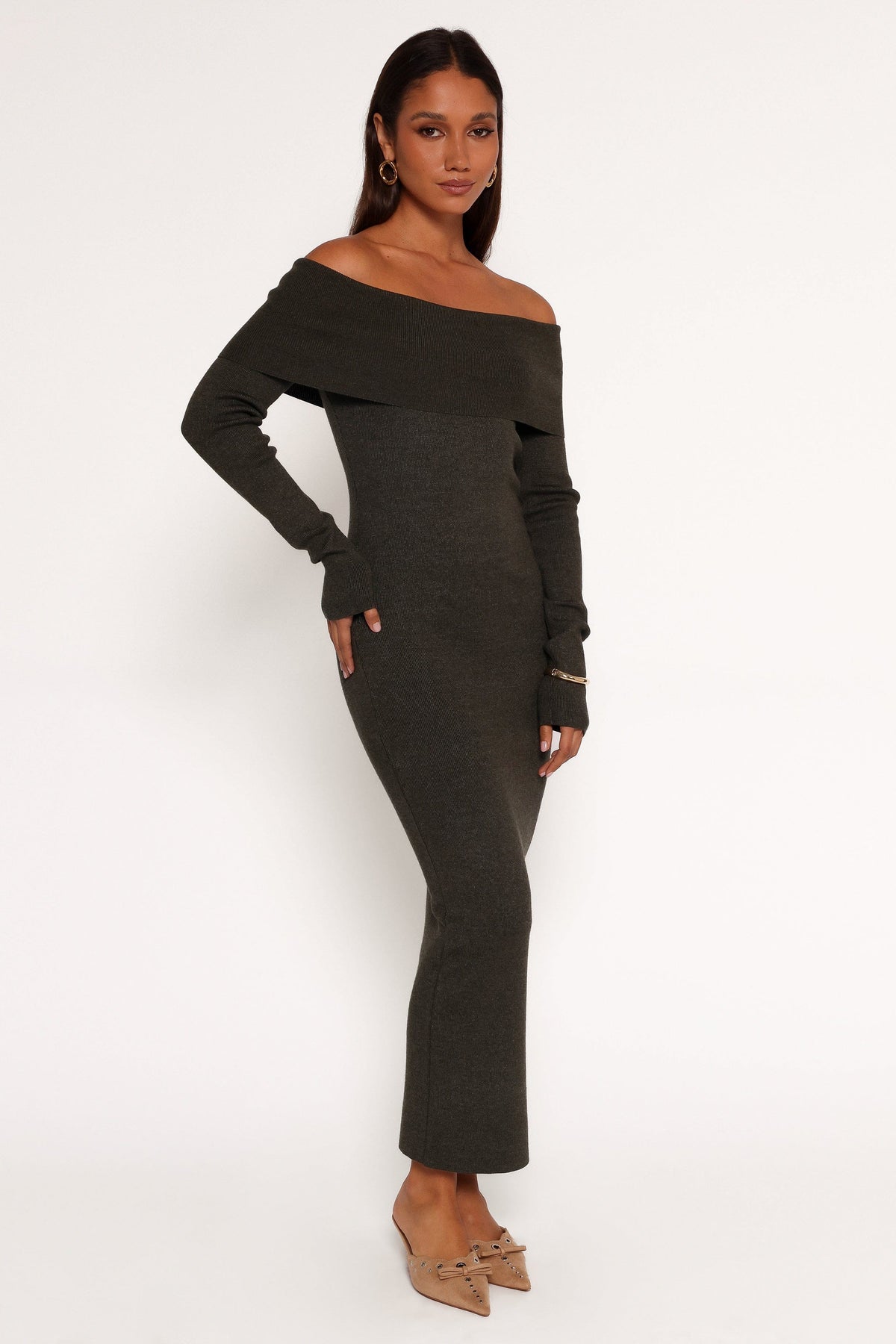 Archie Off The Shoulder Midi Dress in Olive – view 1 of 9