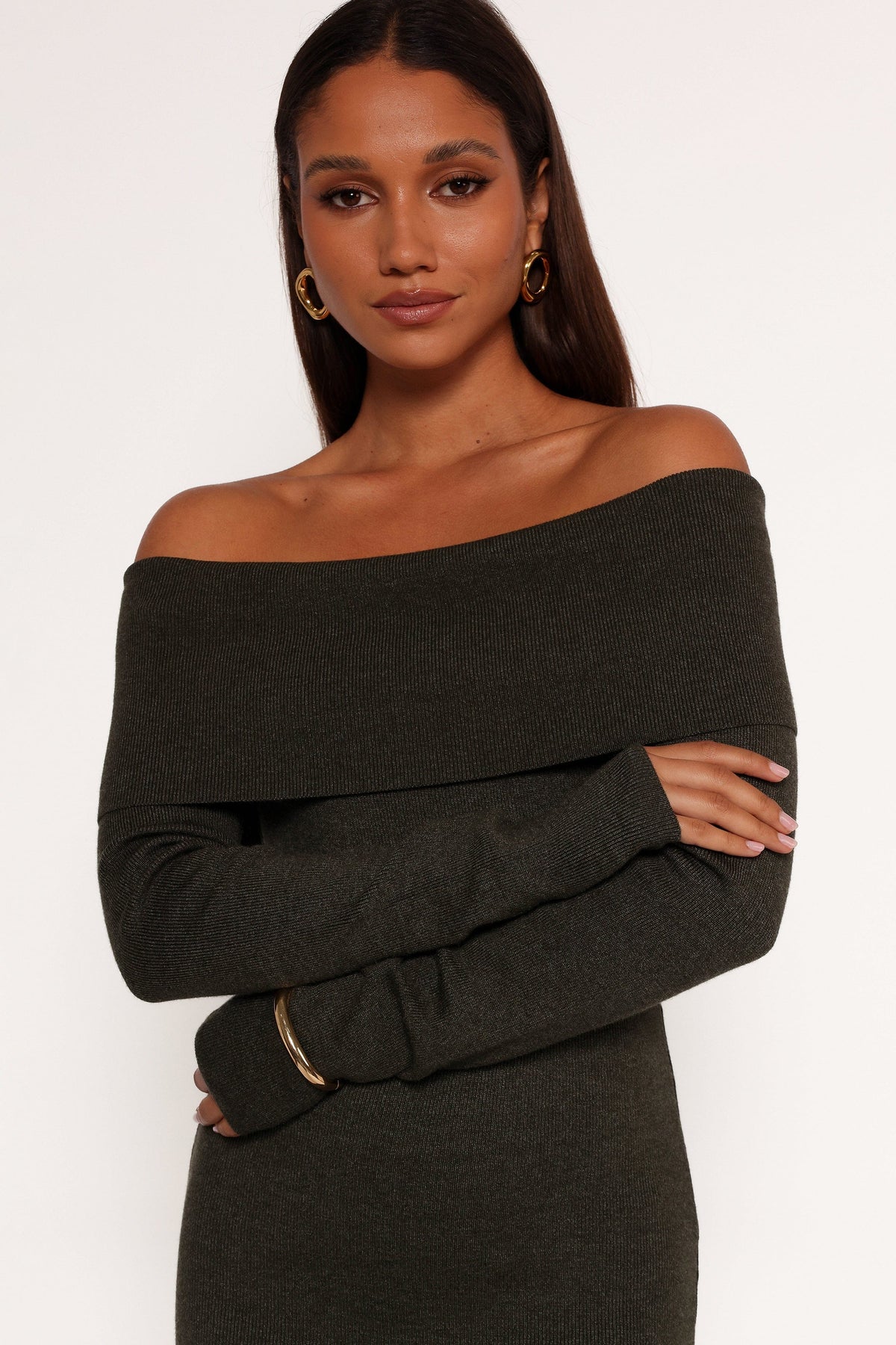 Archie Off The Shoulder Midi Dress in Olive – view 5 of 9
