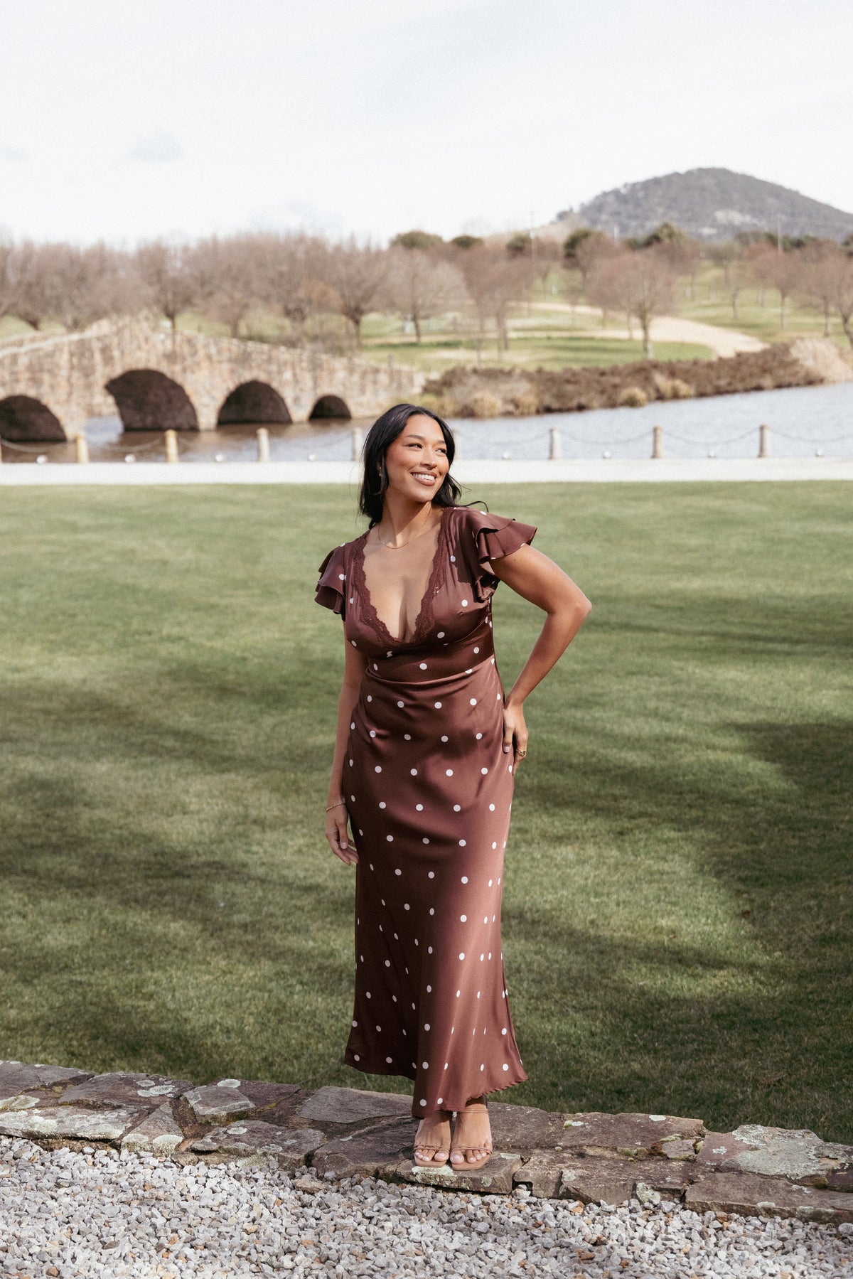 Arella Maxi Dress in Brown Polka Dot – view 1 of 7