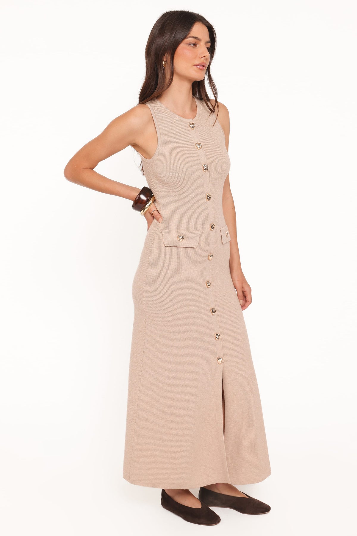 Aspen Button Up Knit Dress in Oatmeal – view 3 of 5