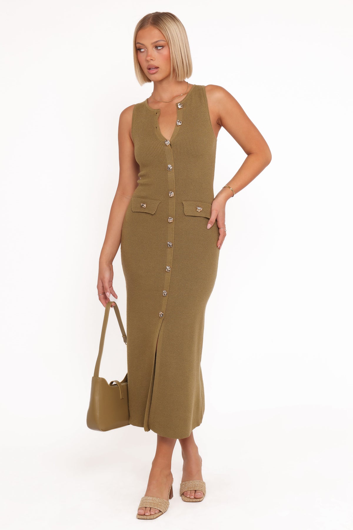Aspen Button Up Knit Dress in Olive – view 1 of 6
