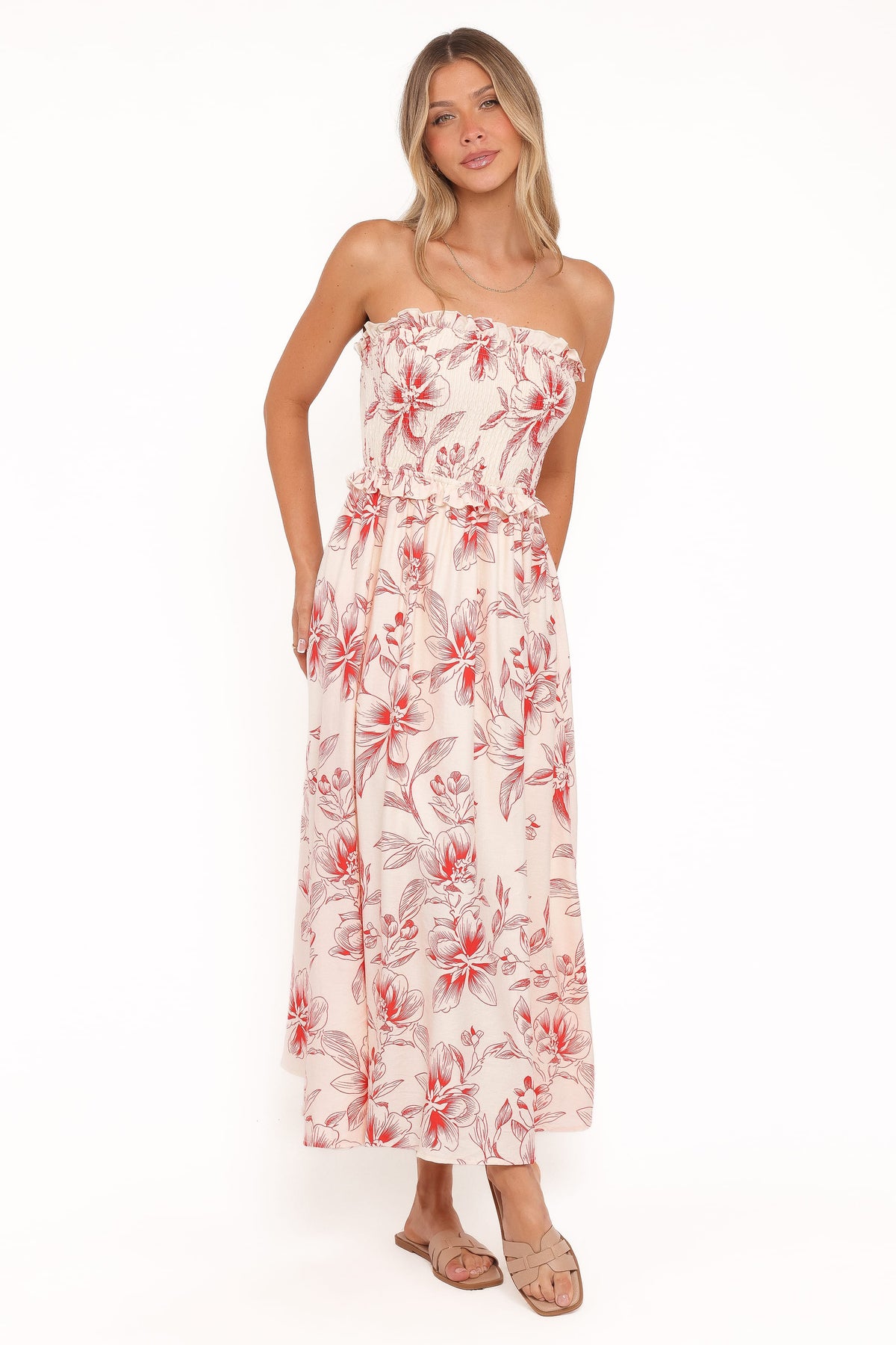 Avania Strapless Midi Dress in Red Floral – view 2 of 7
