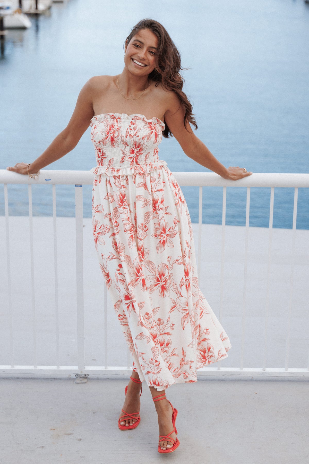 Avania Strapless Midi Dress in Red Floral – view 1 of 7