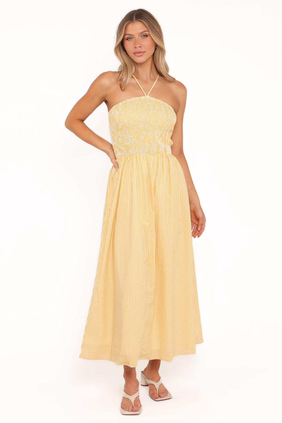 Aviva Smocked Midi Dress in Mango Stripe – view 2 of 9
