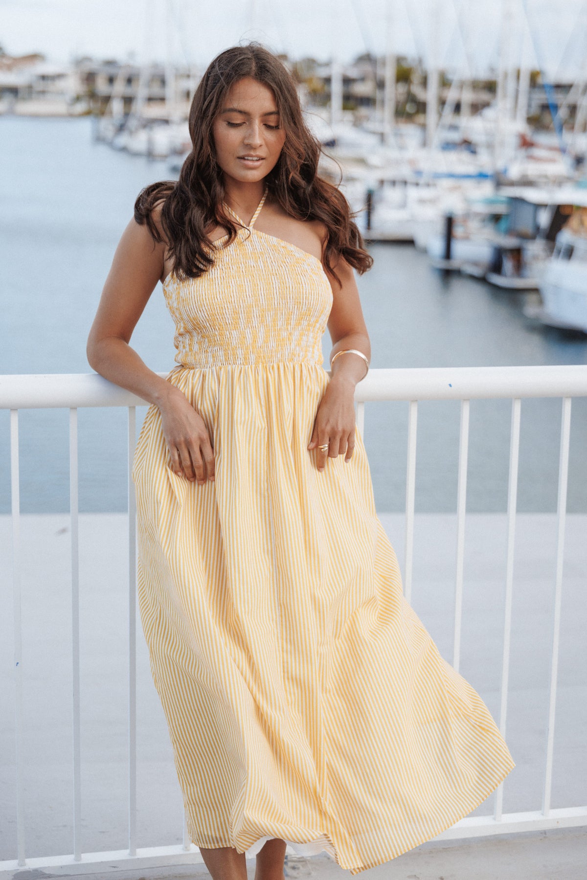 Aviva Smocked Midi Dress in Mango Stripe – view 1 of 9