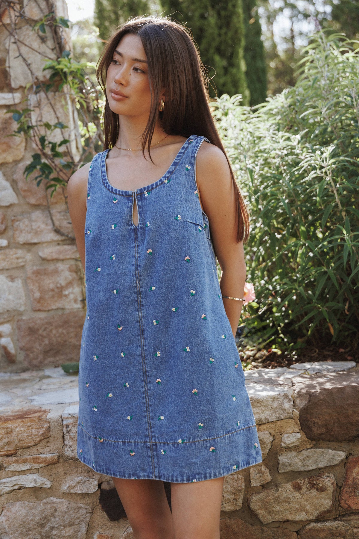 Azen Mini Dress in Embroidered Denim – view 1 of 8