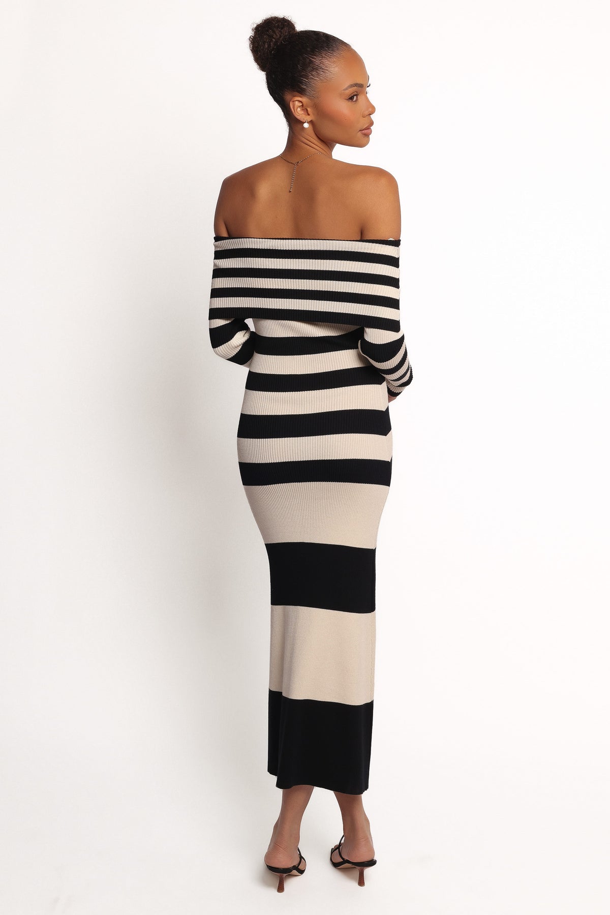 Banks Off Shoulder Knit Dress in Black Cream Stripe – view 4 of 7
