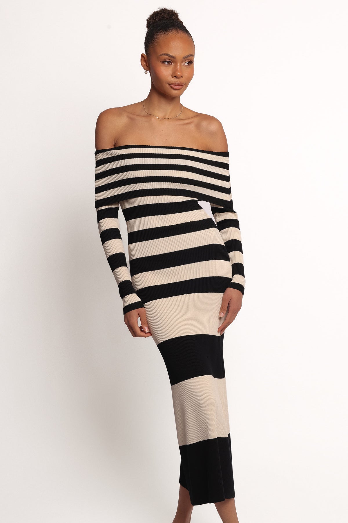 Banks Off Shoulder Knit Dress in Black Cream Stripe – view 2 of 7