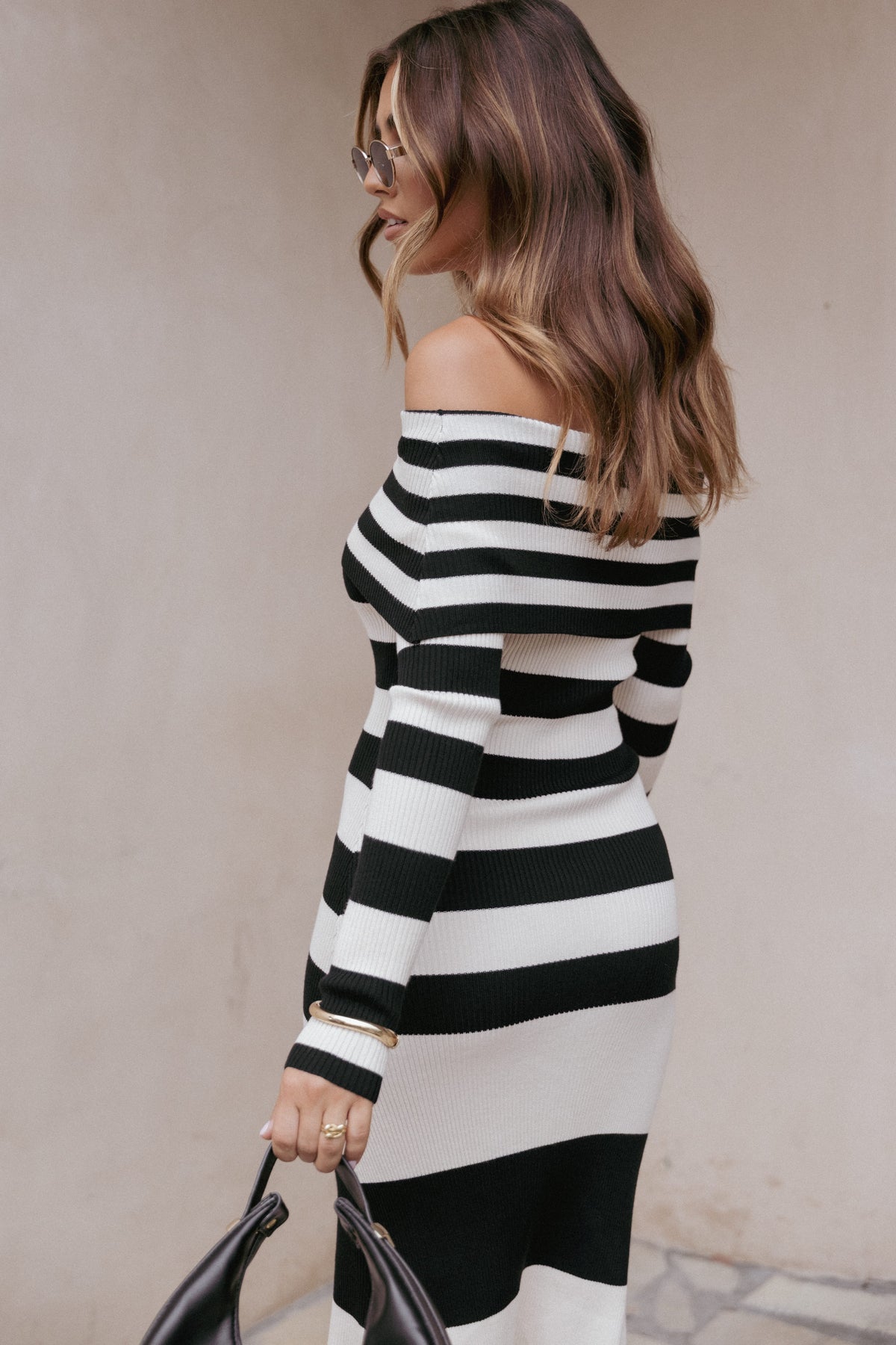 Banks Off Shoulder Knit Dress in Black Cream Stripe – view 7 of 7