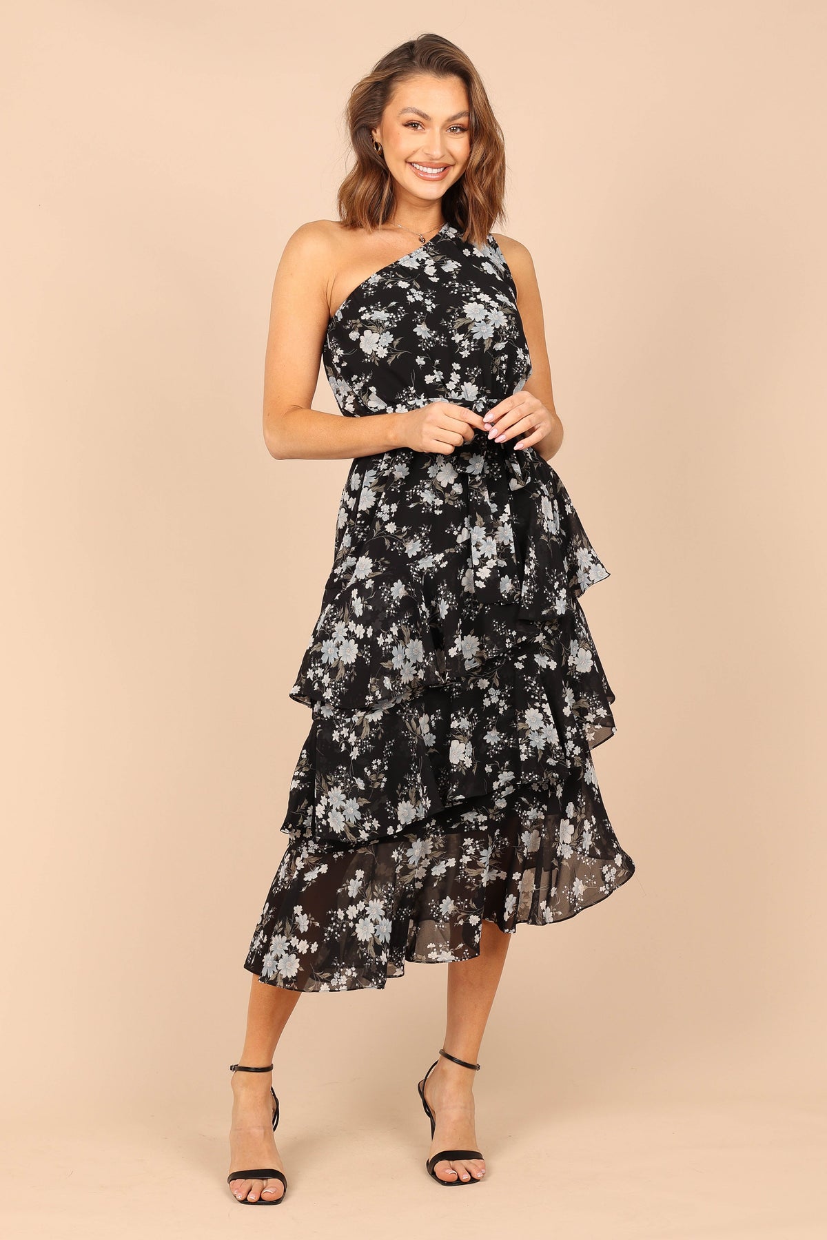 Brigette One Shoulder Tiered Midi Dress in Black Floral – view 1 of 6