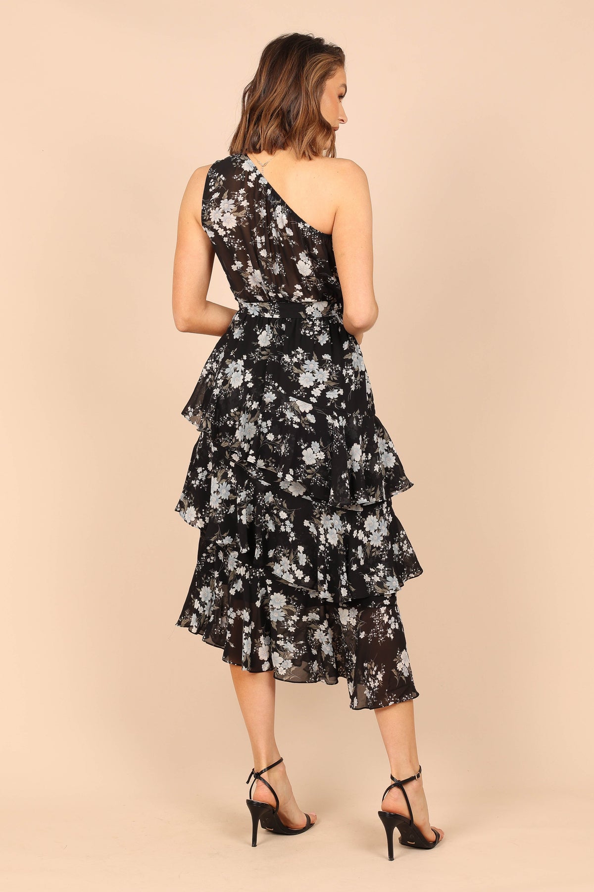 Brigette One Shoulder Tiered Midi Dress in Black Floral – view 2 of 6