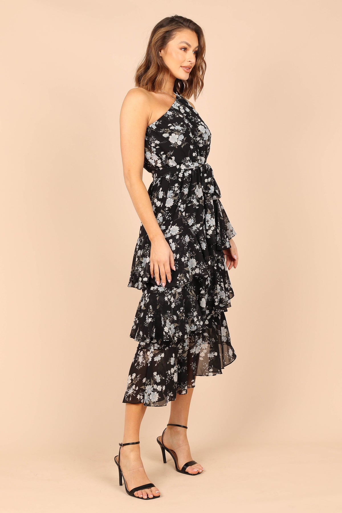 Brigette One Shoulder Tiered Midi Dress in Black Floral – view 4 of 6