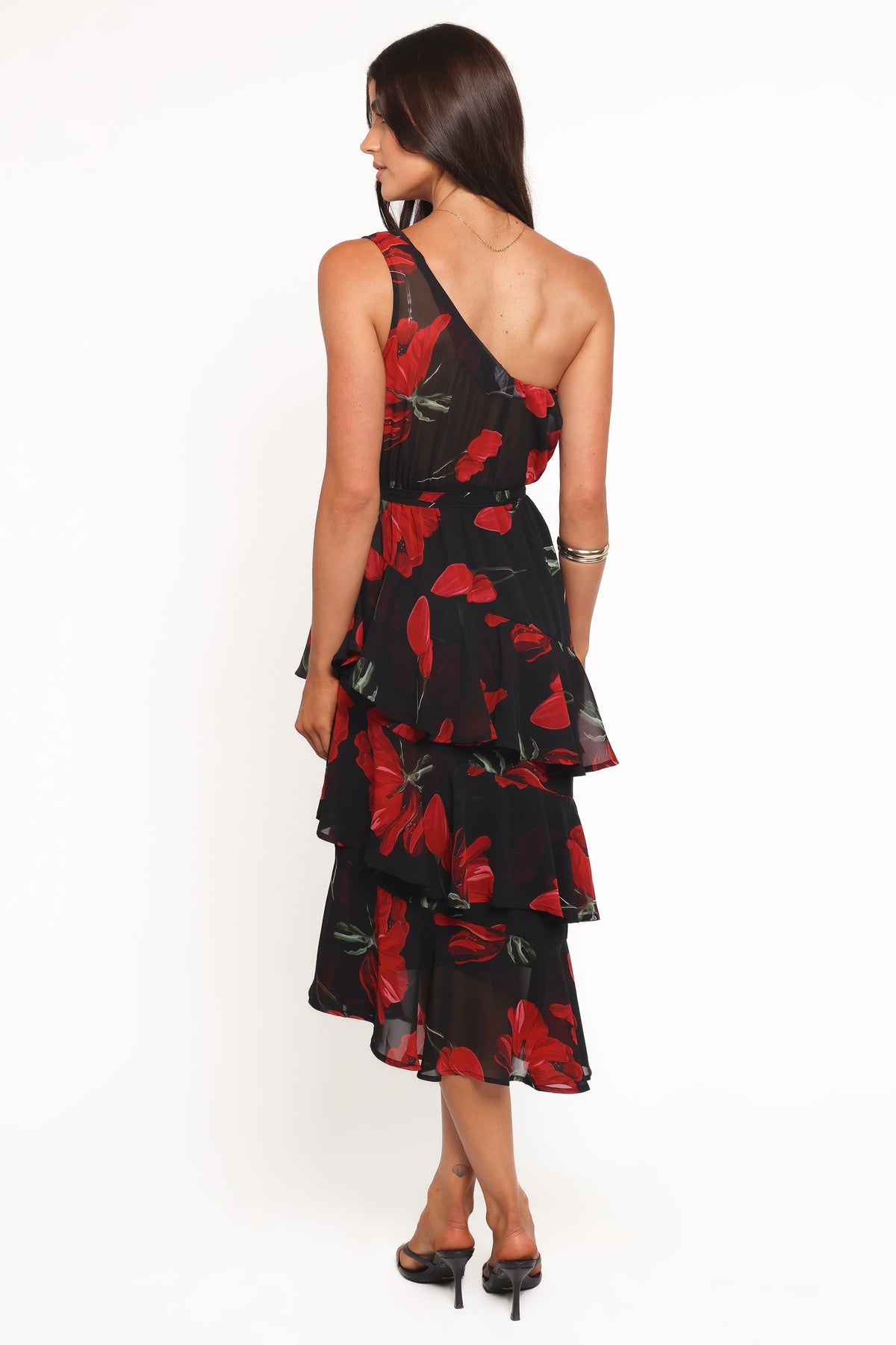 Brigette One Shoulder Tiered Midi Dress in Red Floral – view 4 of 6