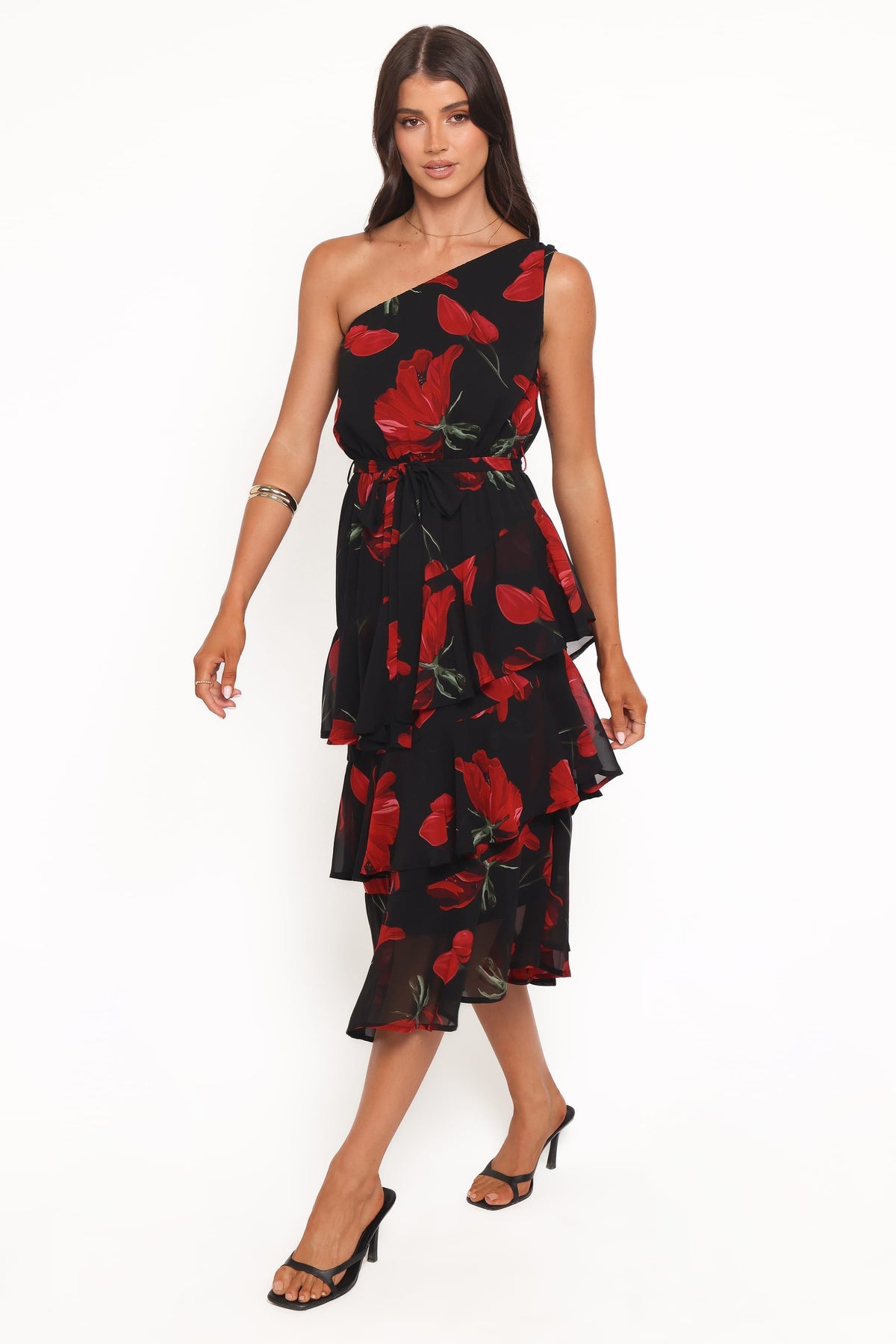 Brigette One Shoulder Tiered Midi Dress in Red Floral – view 3 of 6