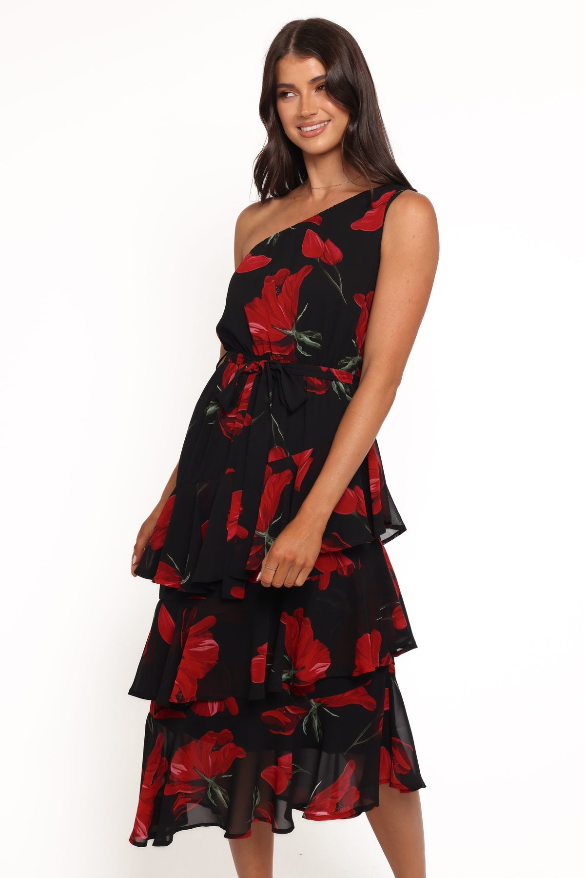 Brigette One Shoulder Tiered Midi Dress in Red Floral – view 1 of 6