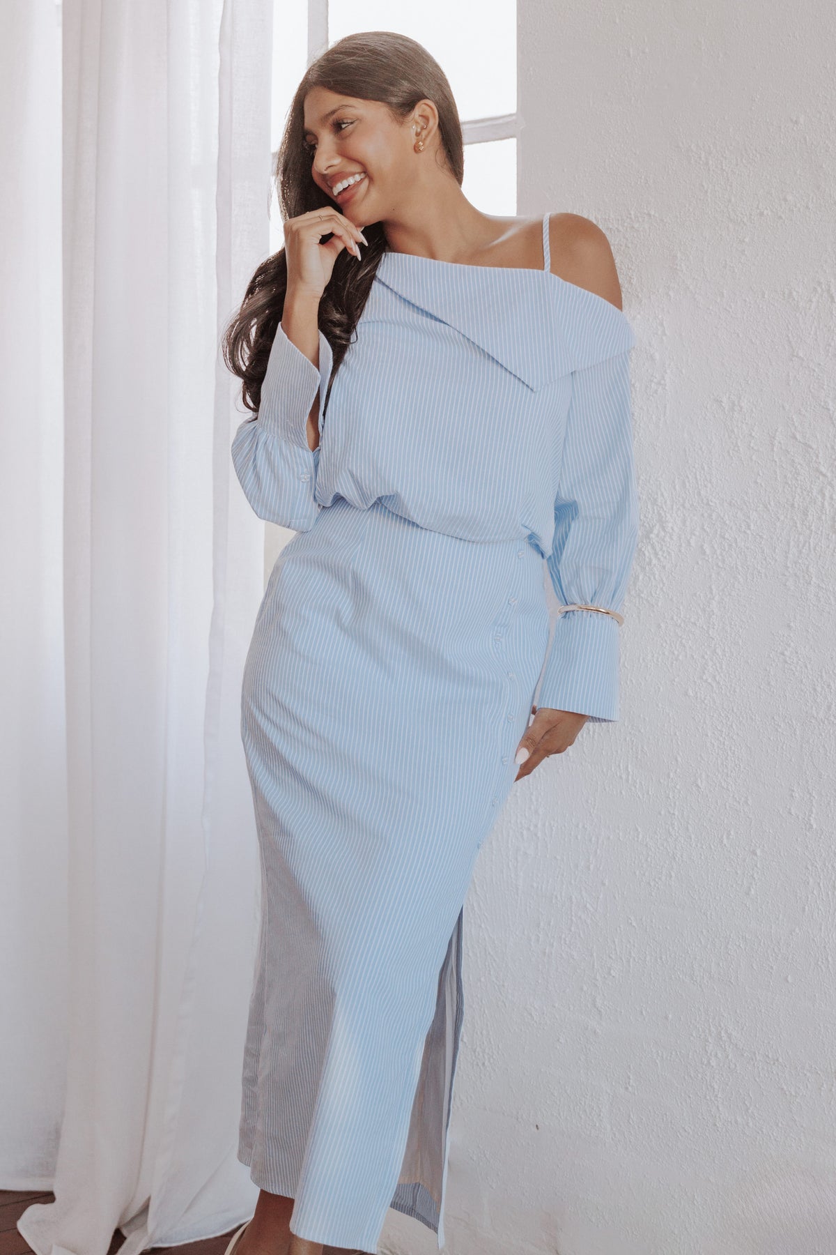 Broderick Midi Dress in Blue Stripe – view 1 of 9