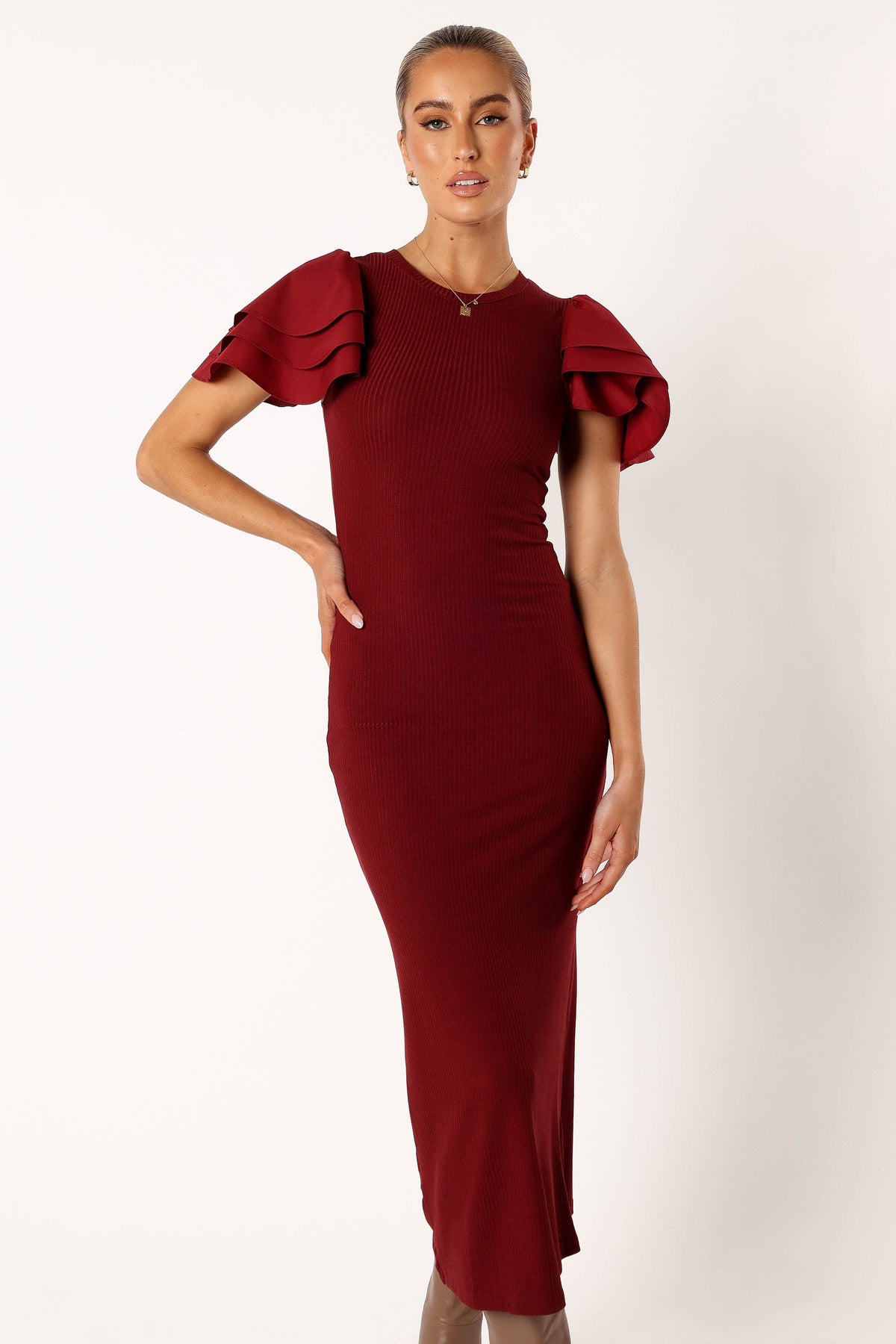 Cally Ruffle Sleeve Midi Dress in Wine – view 3 of 10