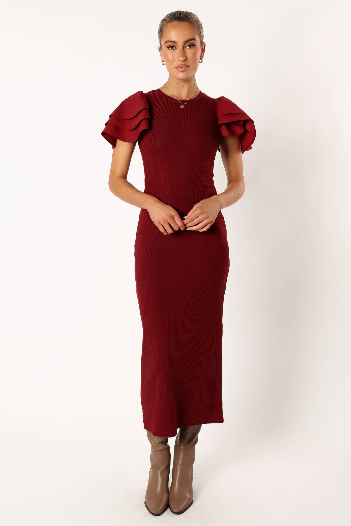Cally Ruffle Sleeve Midi Dress in Wine – view 4 of 10