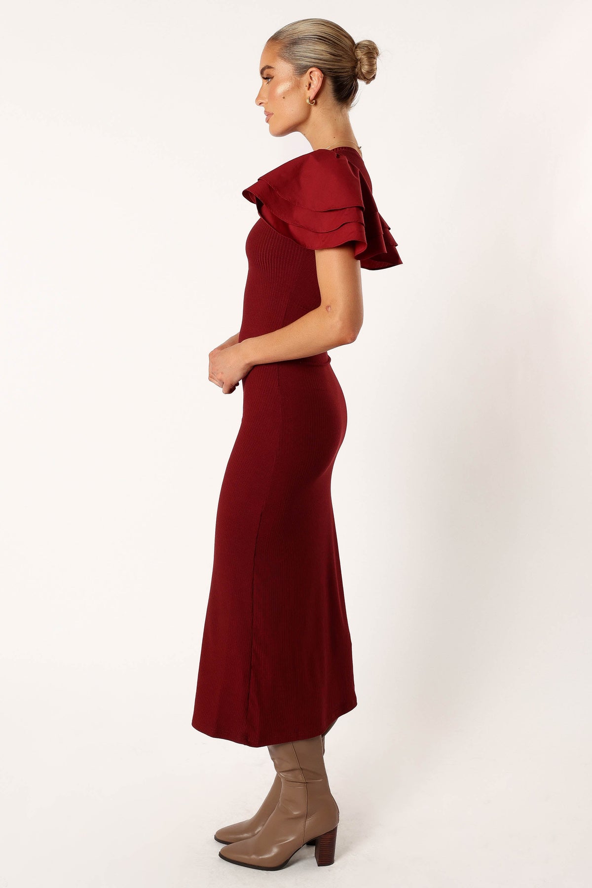 Cally Ruffle Sleeve Midi Dress in Wine – view 6 of 10
