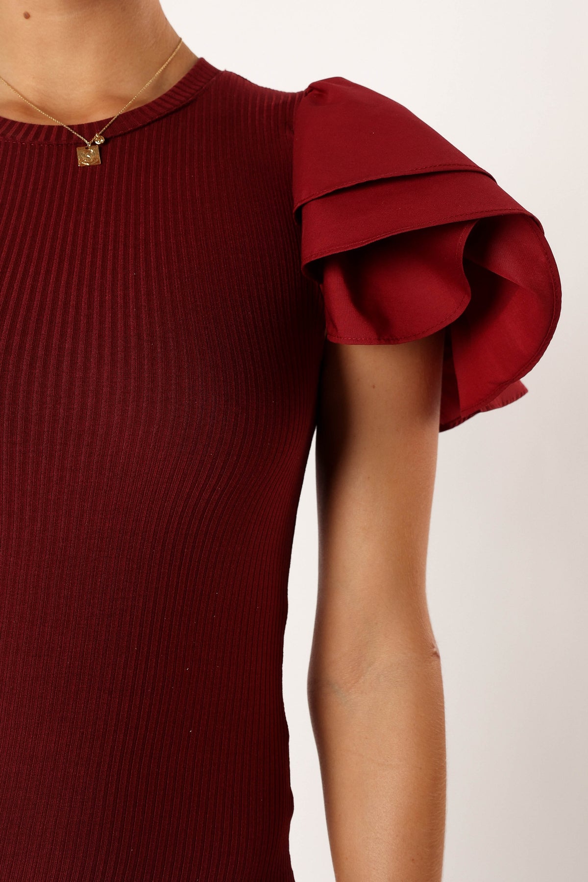 Cally Ruffle Sleeve Midi Dress in Wine – view 9 of 10