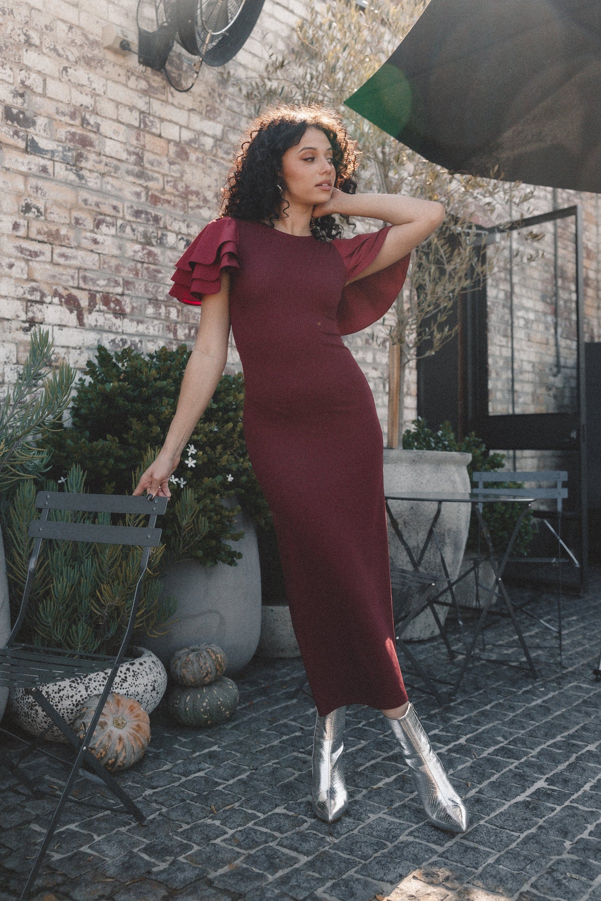 Cally Ruffle Sleeve Midi Dress in Wine – view 2 of 10